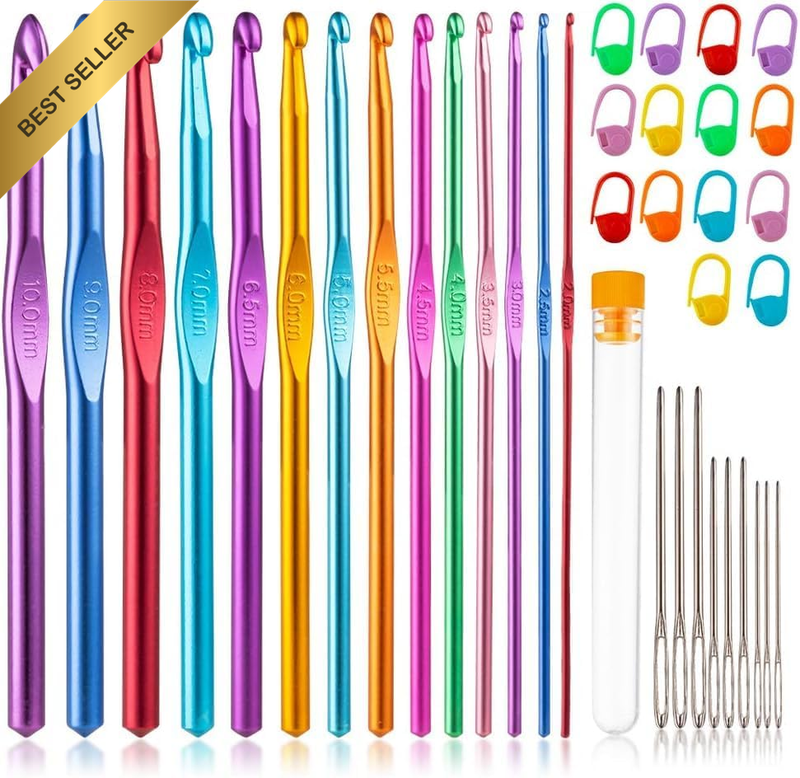 37 PCS Crochet Hooks Set, High Quality Coloured Aluminum Ergonomic Handle Croche