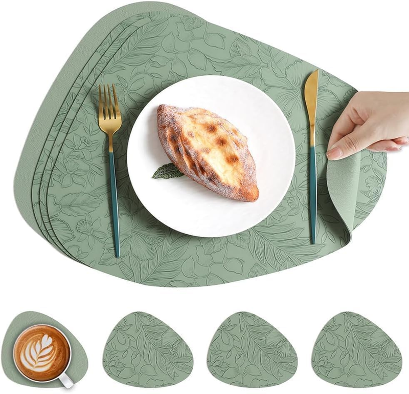 Oval Placemat Set, Soft Sage Green with Exquisite Embossed Leaf Pattern, Heat‑Re