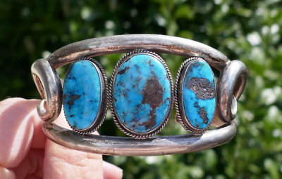 Vintage Navajo Edison & Sandy Smith Sterling & Turquoise Bracelet - 7'' Long