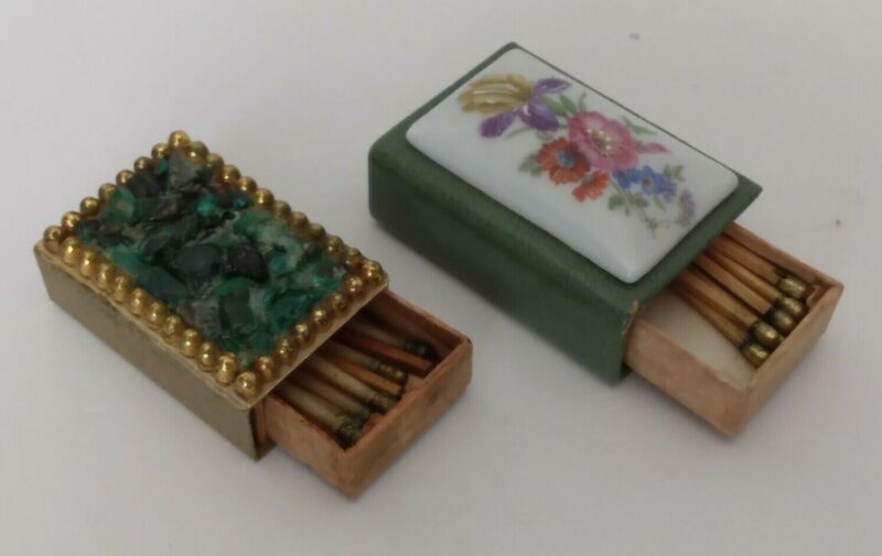 Vintage Match Box Lot of 2 Gold Tone Malachite Green Flower Design