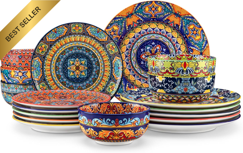 Dinnerware Sets, Plates and Bowls Set, Bohemian Style (Service for 6 (18 Pcs))