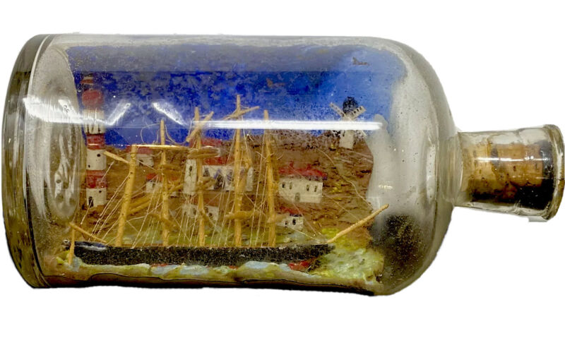 Vintage Folk Art Ship In A Bottle 3D Landscape Windmill Lighthouse Estate Fresh