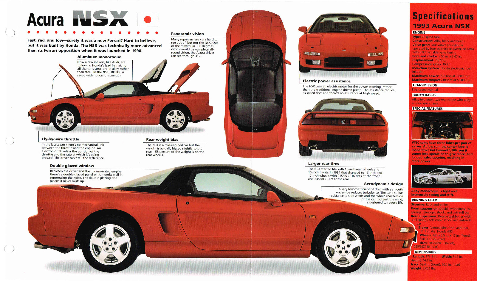 1992 ⁄ 1993 ⁄ 1994 ACURA NSX SPEC SHEET ⁄ Brochure ⁄ Pamphlet