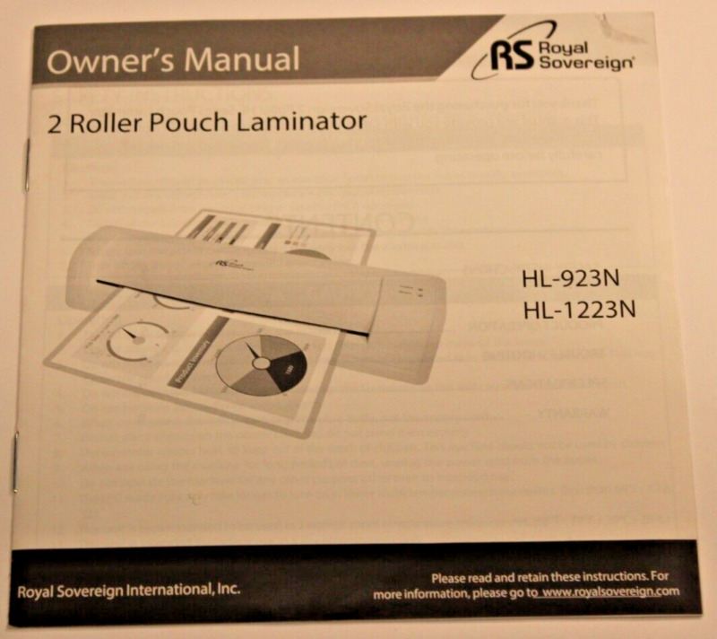 OWNER’S MANUAL - ROYAL SOVEREIGN HL-923N / HL-1223N 2 ROLLER POUCH LAMINATOR