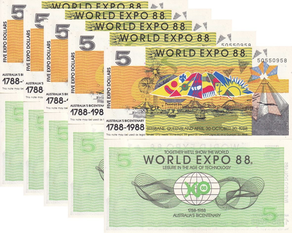 Australia 5 WORLD EXPO 1988 Bicentenary 1788-1988 Brisbane Queensland LOT 5 UNC