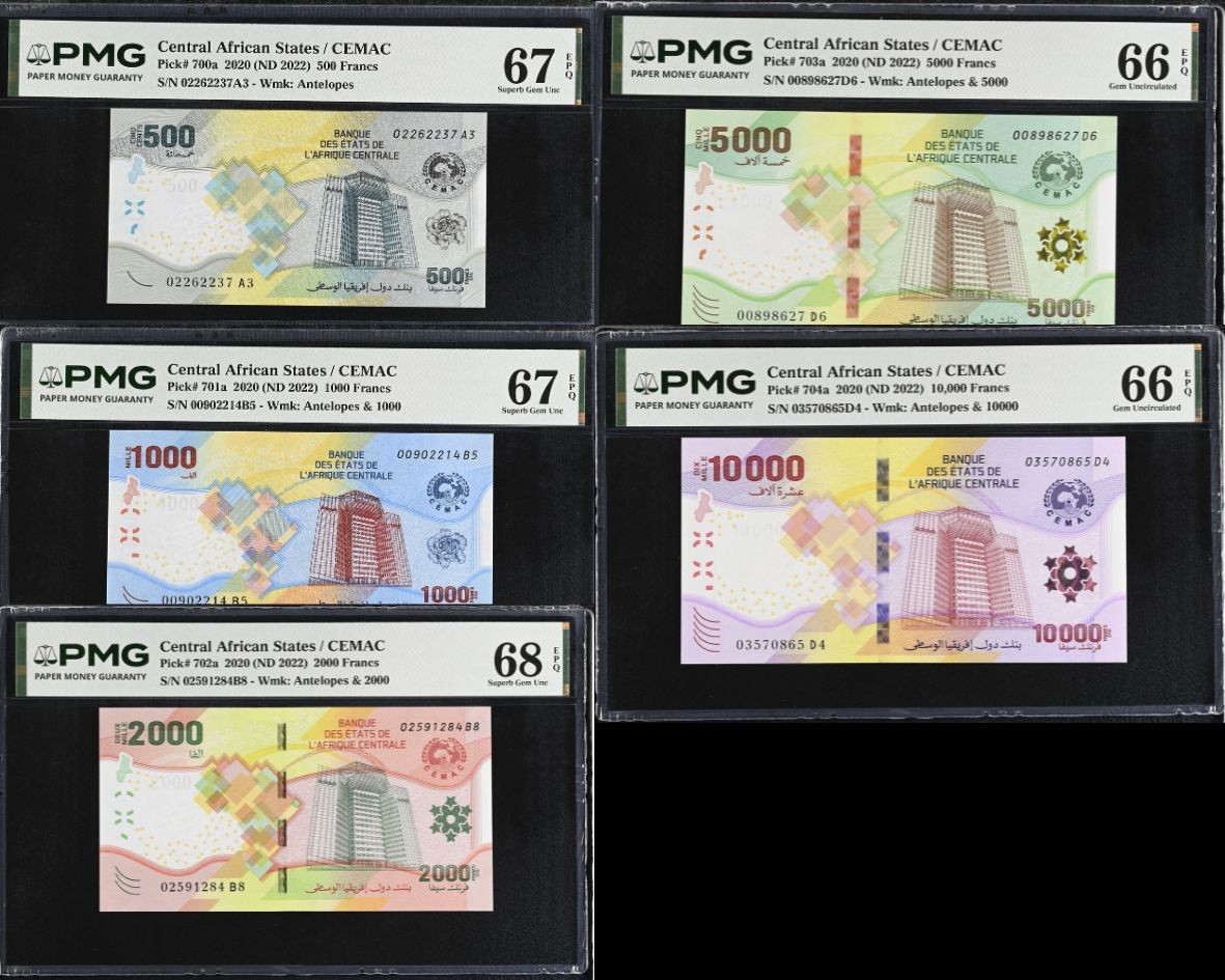 Central African States Set 5; 500-10000 Fr.2022 P 704 Gem UNC PMG 66 67 68 EPQ