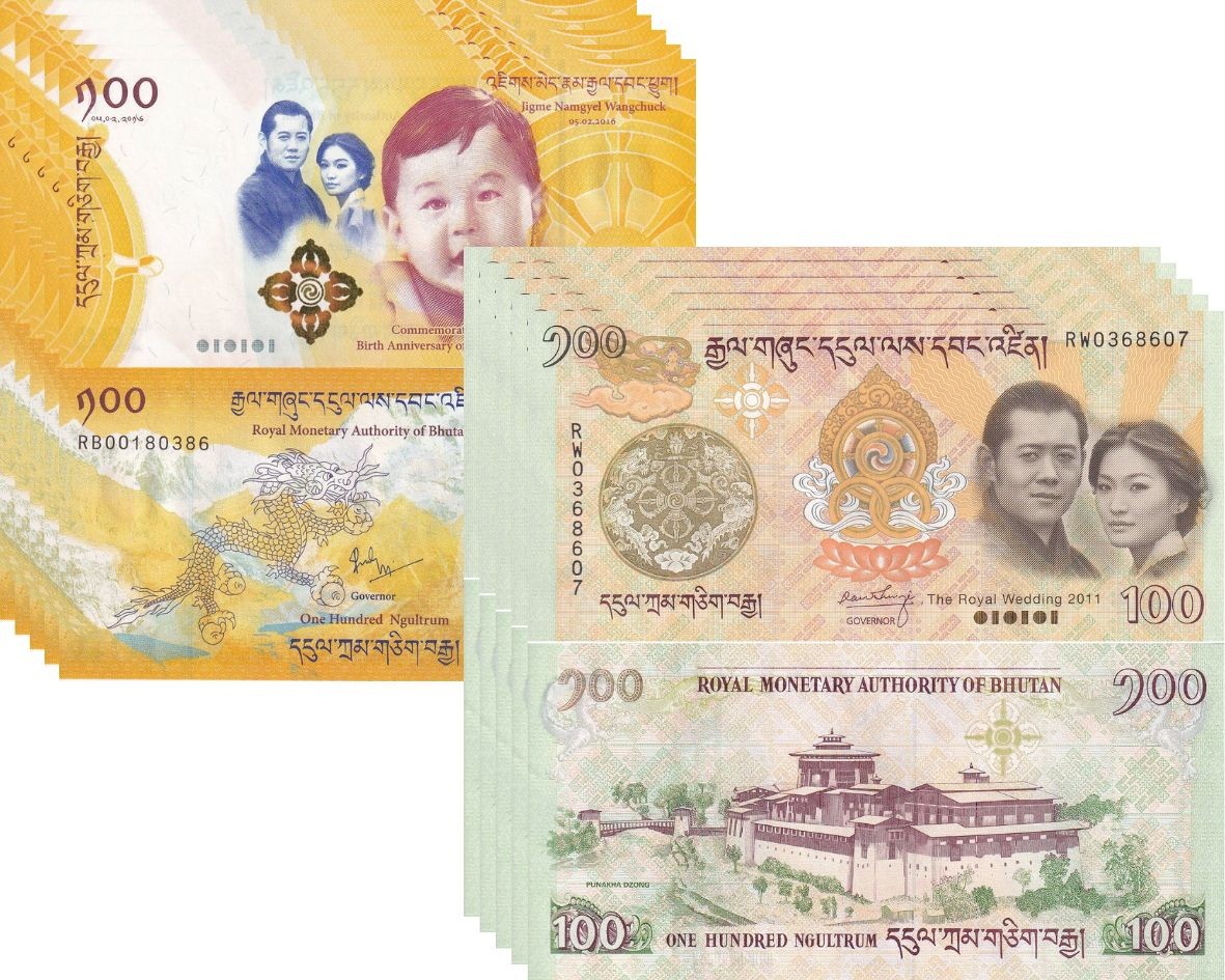 Bhutan Set 2 X Lot 5 =10 UNC 100 Ngultrum Wedding & Baby 2011 2016 P 35 37