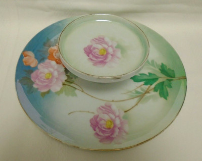 R S GERMANY TILLOWITZ 2 TIER SERVING SNACK PLATE 1914-1945 pink orange flowers