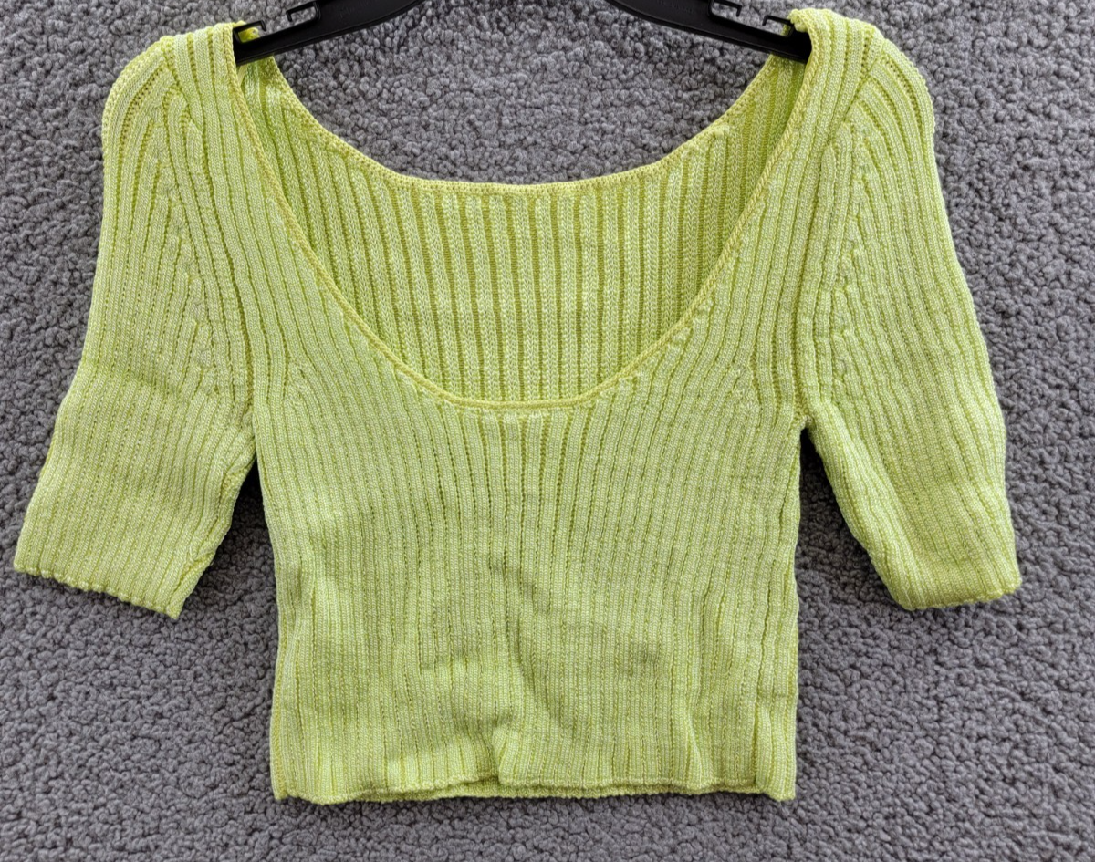 Free People Textured Short Sleeves Crop Sweater Top Women's S Sunny Lime Solid - Picture 9 of 16