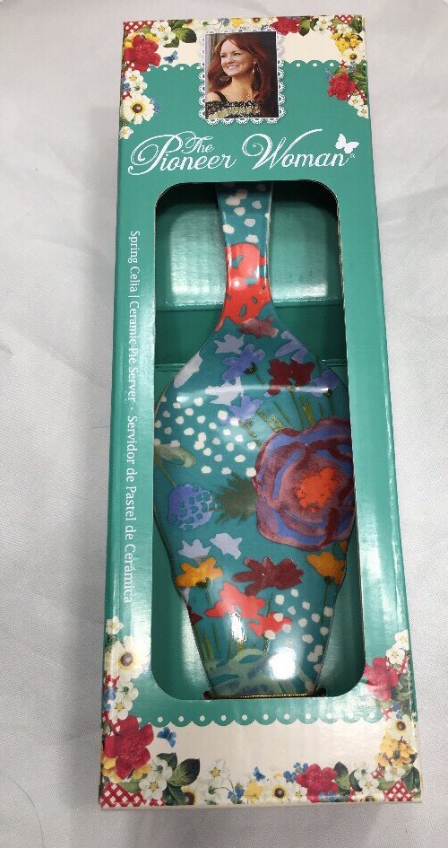 Pioneer Woman *SPRING CELIA* Floral Aqua Ceramic Pie Cake Server ~ Kitchen