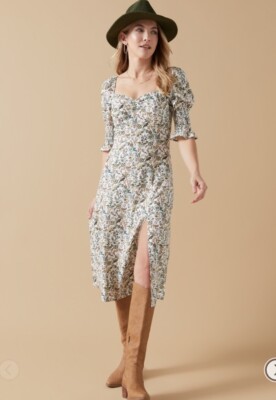 Audrey Parks Francescas Floral Midi Dress Size S Puff Sleeves Linen Rayon Green