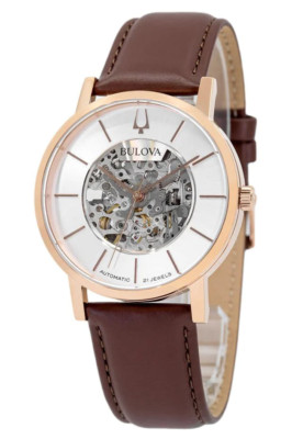 Bulova Automatic Rose Gold Tone Silver Dial Men's Watch Leather Band 97A172