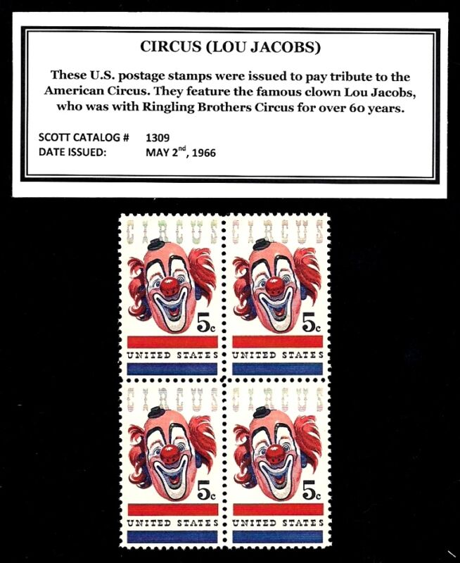 1966 - CIRCUS CLOWN LOU JACOBS Mint -MNH- Block of Vintage Postage Stamps