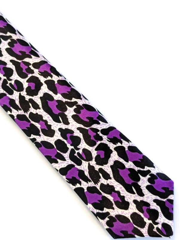 Necktie Leopard Print Spotted Purple Black White Narrow Skinny Slim Tie