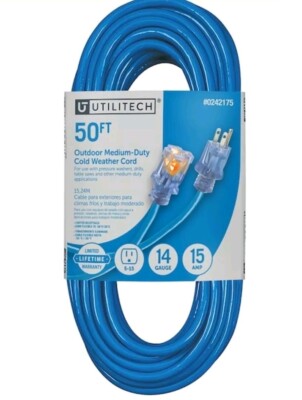 Utilitech 50ft 15-Amp 1-Outlet 14-Gauge Blue Outdoor Cold Weather Extension Cord