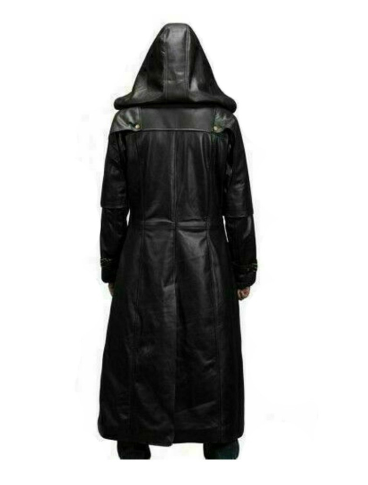 Pre-owned Leather Plush Mens Genuine Black Cowhide Leather Trench Coat Jacket Winter Long Coat With Hood