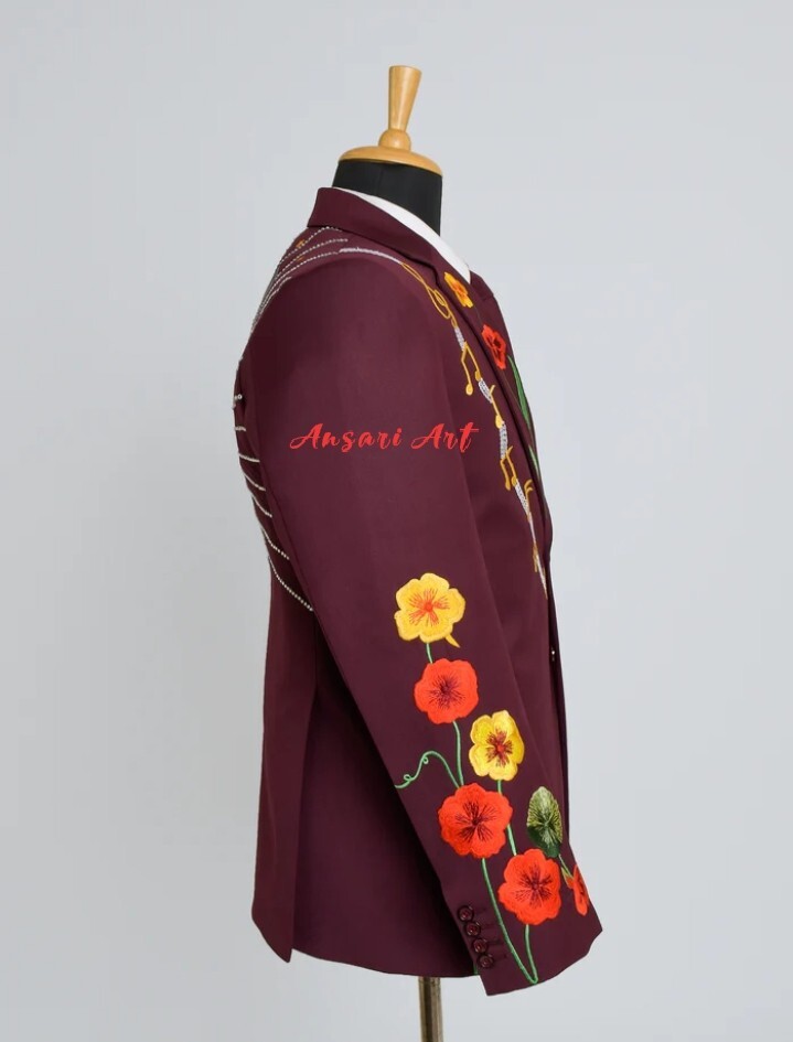 Pre-owned Art Men Mahoon 2pc Suit Custom Made Floral Embroidered Country Western Prom Outfits
