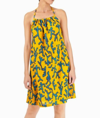 VILEBREQUIN Halter Yellow Linen Cover-up Stick Figures Dress XL or US 12 NWT