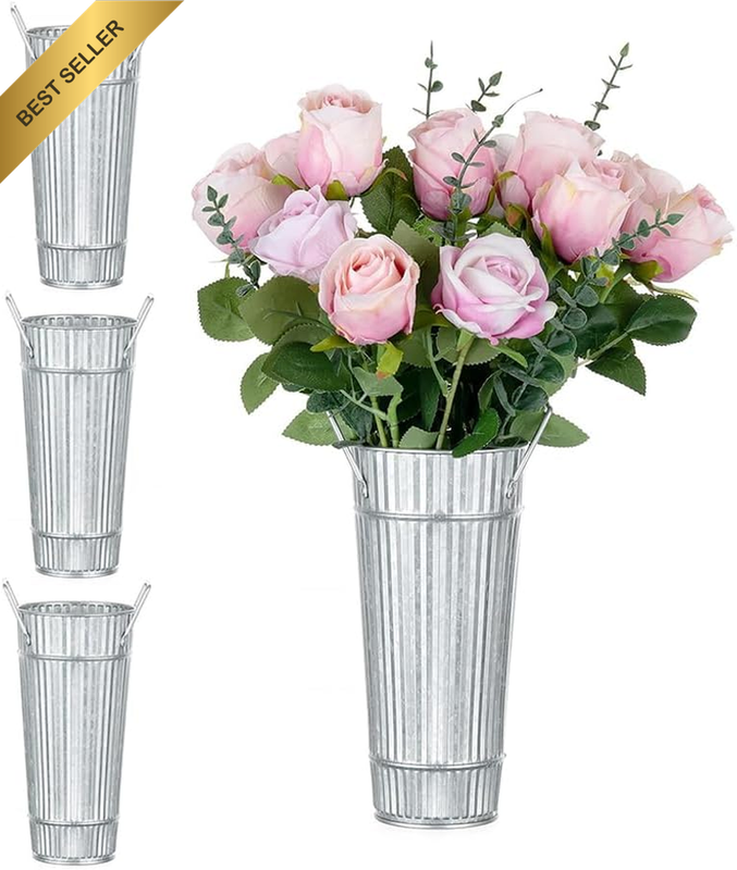 4 Pack Galvanized Flower Bucket, Vintage Distressed Iron Flower Vase with Handle
