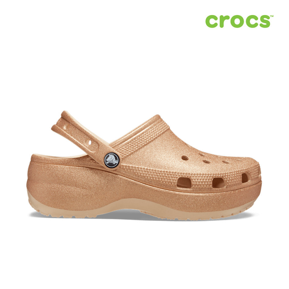 NEW CROCS WOMENS CLASSIC PLATFORM GLITTER CLOG SHITAKE GOLD