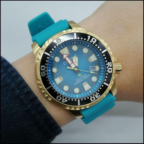 Pre-owned Citizen Promaster Bn0162-02x Eco-drive Gold Tone Tiffany Blue Dial Polyurethane