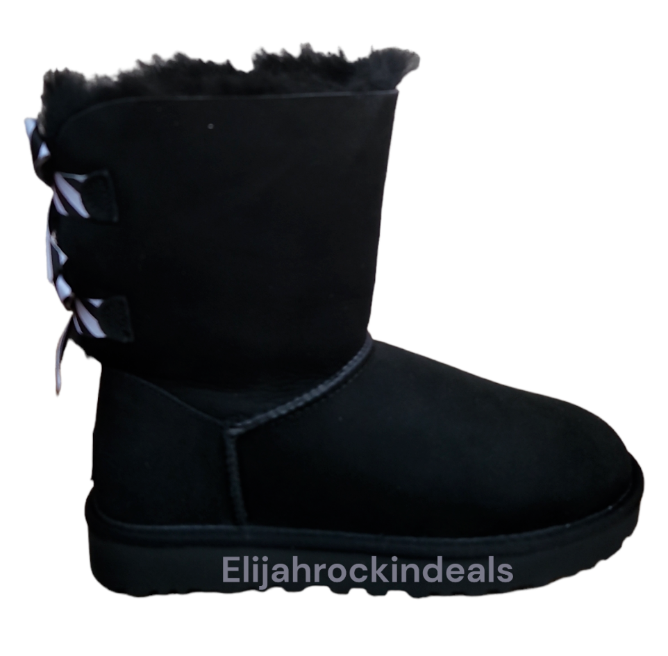Pre-owned Ugg Womens  Bailey Bow Ii Black Stripes Short Boots Size 7, 8, 9, 11