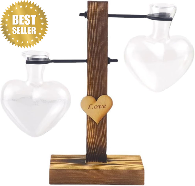 Plant Terrarium with Wooden Stand, Creative Double Heart Glass Hydroponic Vases,