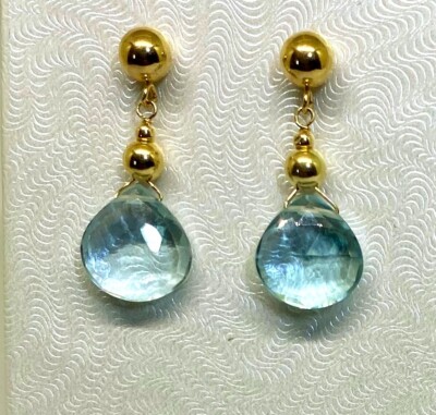 14k solid yellow gold 10x10x5mm heart natural faceted Aquamarine stud earrings