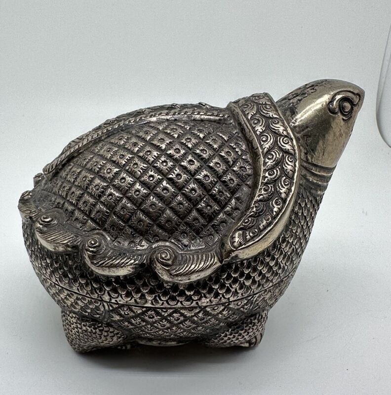 Antique Cambodian Silver Plated Repousse Small Betel Nut Box Turtle Khmer Old