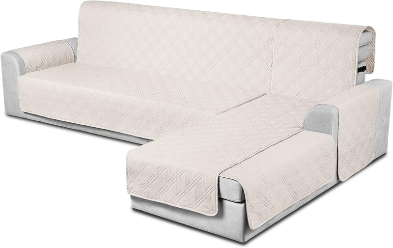 100% Waterproof Sectional Couch Covers L Shaped Sofa Covers 3Pcs Chaise Lounge Cover for Pet Kids, Reversible Couch Covers for Sectional Sofa Ottoman with Elastic Straps(Small, Cream)