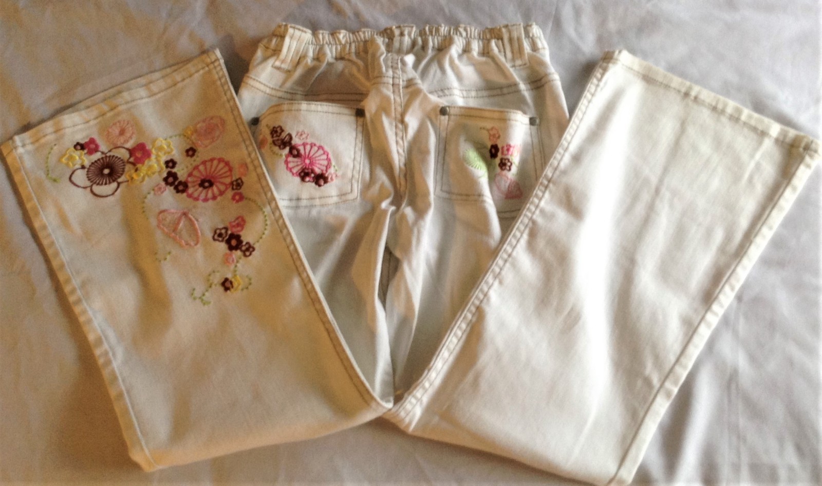 GIRLS~size 8~STRETCH  FLARE ~ Beige  Pants  with  EMBROIDERED  FLORAL Designs