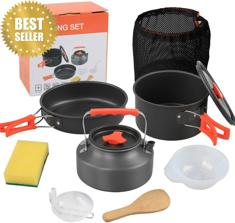 10PCS Camping Cookware Kettle Mess Kit, Outdoor Portable Cookware Set for Campin
