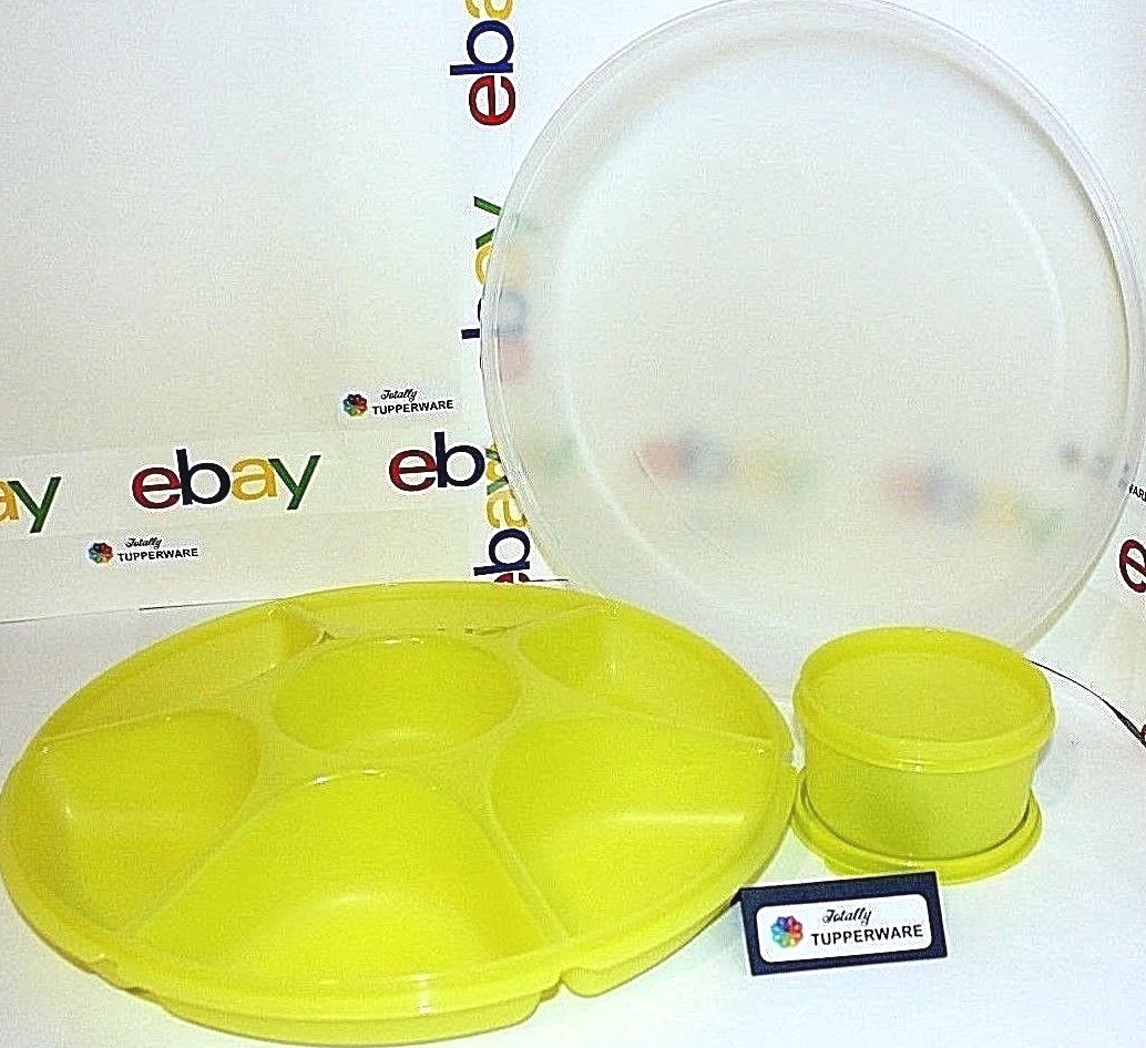 Tupperware Serving Center Set Large Margarita Yellow Divided Dish 14 oz. Dip Cup