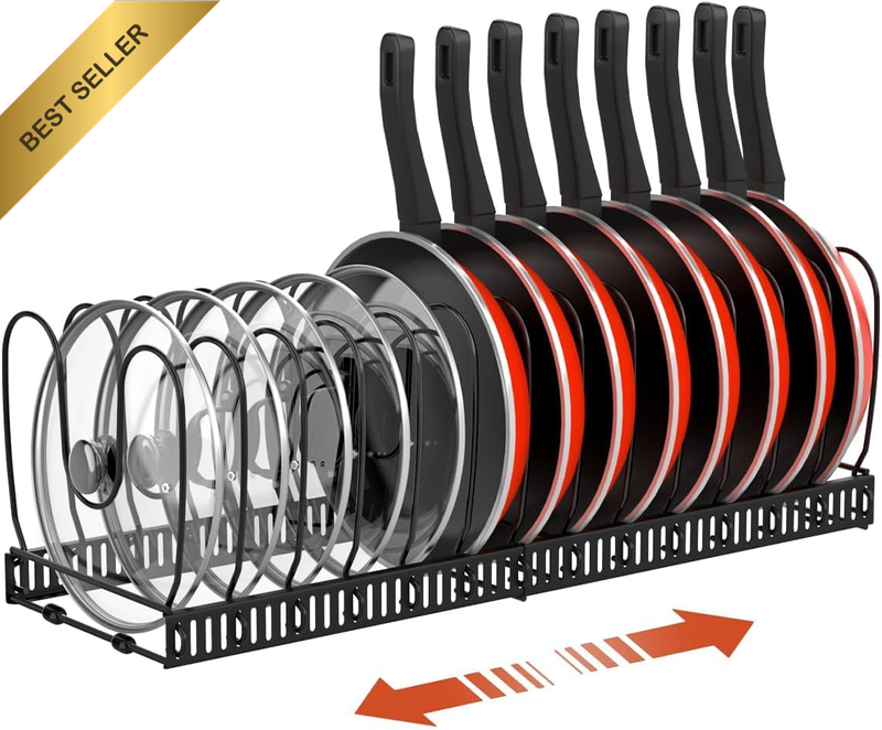 Pot and Pan Organizer Rack for Cabinet, Expandable Pot Lid Organizer Holder with
