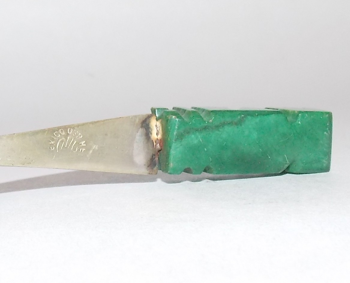 Mexico 850 Silver Spoon ~ Inca Aztec Design ~ Green Stone Handle