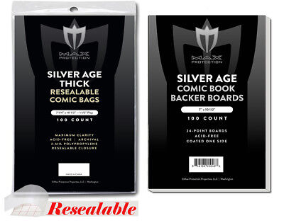 100 Silver Resealable THICK Comic Poly Bags and Boards Max Archival Book Storage
