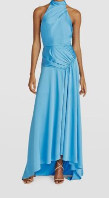 $645 Theia Women's Blue Ruched Pleated Halter Hatice Gown Dress Size 14