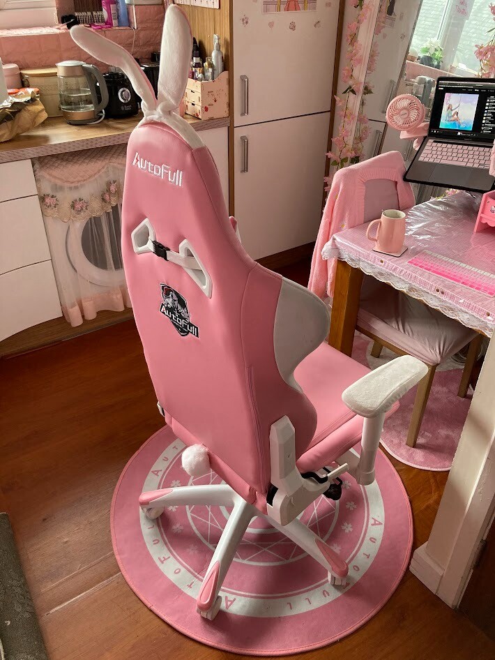 Autofull Pink Gaming/Office Chair with Rug and Bunny Ears in Didsbury