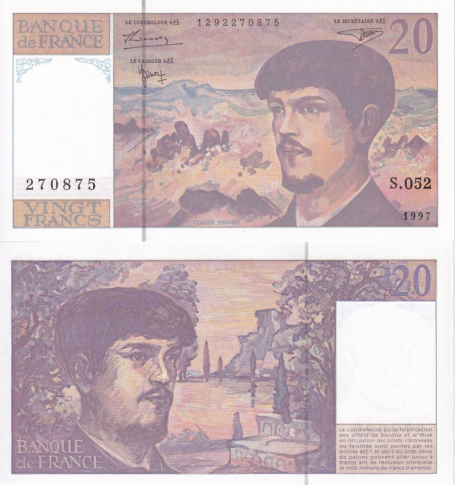 France 20 Francs 1997 P 151 i UNC , Claude Debussy, lake scene