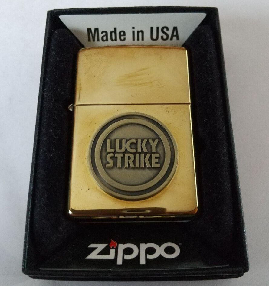 Zippo Lucky Strike Logo Gold One Sided Oil Lighter w/Box