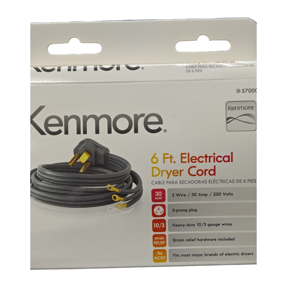Kenmore 6 FT. Electrical Dryer Cord 3 Wire 30A 250V 3 Prong Gray 26-57000