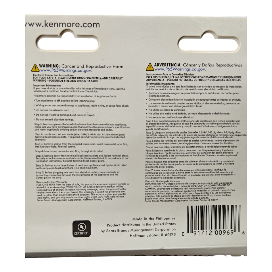 Kenmore 6 FT. Electrical Dryer Cord 3 Wire 30A 250V 3 Prong Gray 26-57000