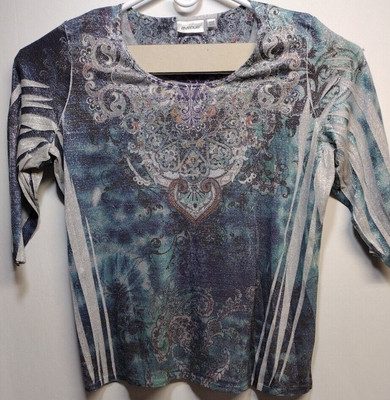 Avenue Glittery Top Gorgeous Print blouse blue green plus size casual size 22/24