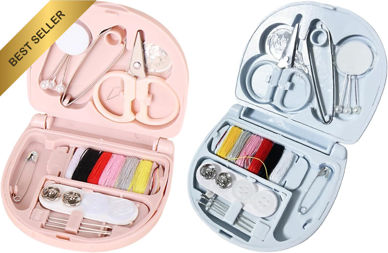2 Pack Compact Sewing Kit Mini Sewing Box with Threads Needles and Scissors, Por