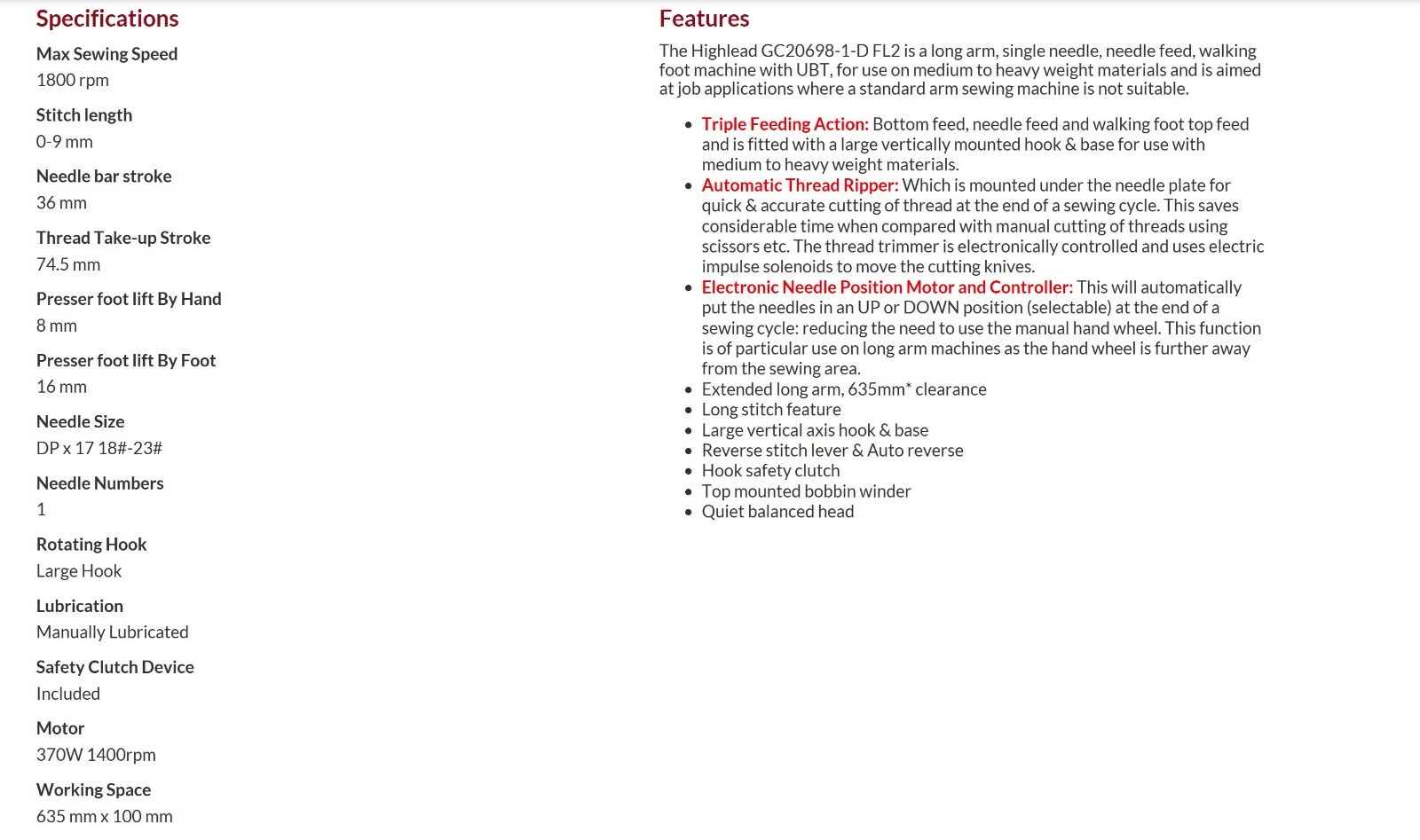 Highlead GC20698-1-D-FL2 Sewing Machine, Used One Year