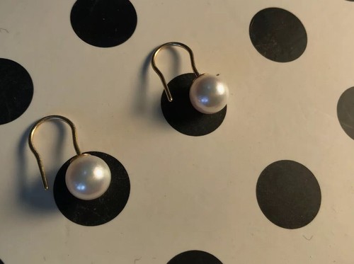 14K Yellow Gold Genuine Designer Pearl Hook Earrings Very Fine