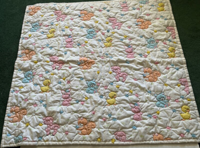 Vintage Handmade Baby Quilt Tied Machine & Hand Stitched Quilted Pastel Animals