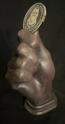 Hand-made wood human hand single challenge coin display - life size, very heavy