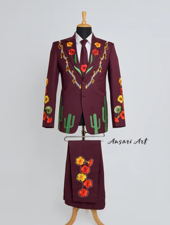 Pre-owned Art Men Mahoon 2pc Suit Custom Made Floral Embroidered Country Western Prom Outfits