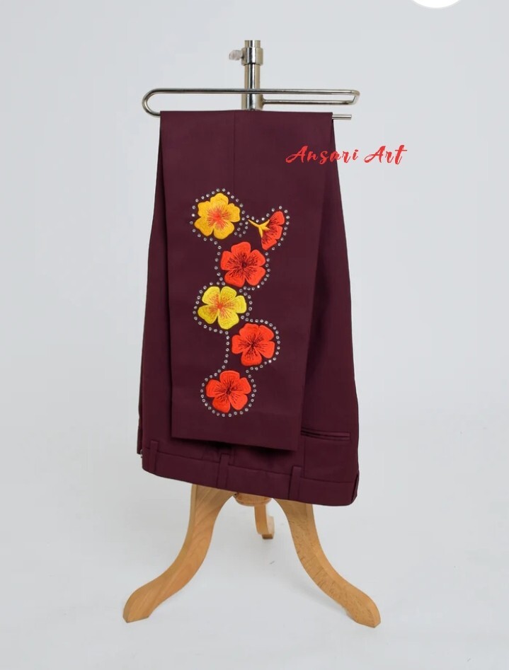Pre-owned Art Men Mahoon 2pc Suit Custom Made Floral Embroidered Country Western Prom Outfits